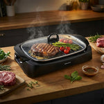 شواية صحية، غطاء زجاجي، تحكم في درجة الحرارة المتغيرة، صينية تجميع التنقيط، قنوات تصريف الزيت 1700 W HG230 أسود/شفاف