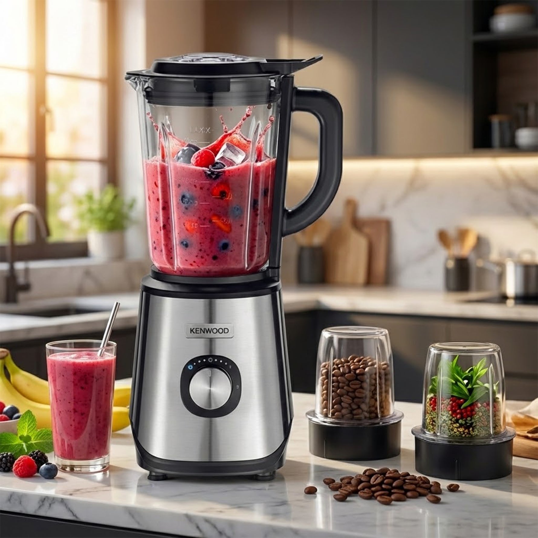 خلاط كينوود بقدرة 1000 واط ، 2 مطحنة ، سعة 2 لتر  Blm45.720Ss اسود/فضي
